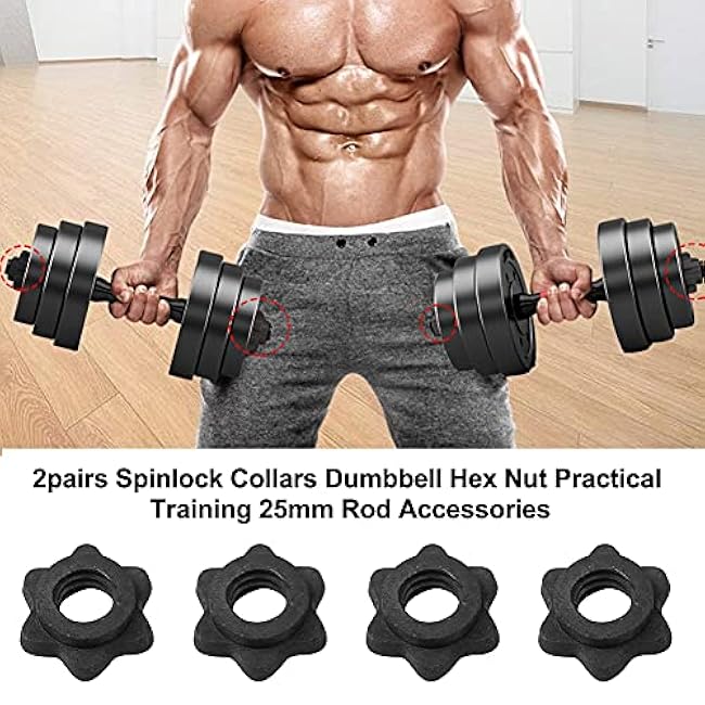 CALIDAKA 4pcs Spinlock Collars, Dumbbell Hex Nut, Dumbbell Rod Nut, 1 Inch Standard Barbell Screw Collar, Nonslip Dumbbell Screw Clamps for Dumbell Weight Lifting Fitness Training