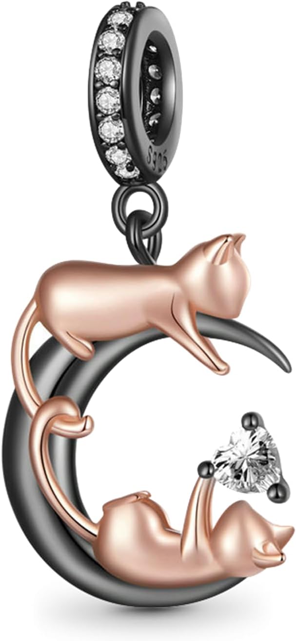 GNOCE Moon&Cats Pendant Charms Bracelet/Necklace 925 Sterling Silver Dangle Charms for Women Wife Jewelry Gift