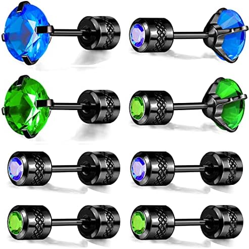 Pack of Titanium Screw Back Earrings Faux Diamond Studs for Women Men 20G Black Gold Plated 316L Surgical Stainless Steel Blue Green Cubic Zirconia Hypoallergenic for Sensitive Ear Barbell Helix Piercing Post