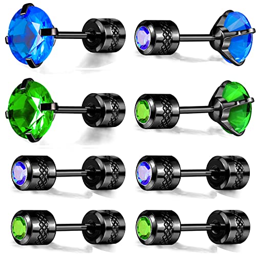 Pack Of Titanium Screw Back Earrings Faux Diamond Studs For Women Men 20G Black Gold Plated 316L Surgical Stainless Steel Blue Green Cubic Zirconia Hypoallergenic For Sensitive Ear Barbell Helix Piercing Post #TOP19