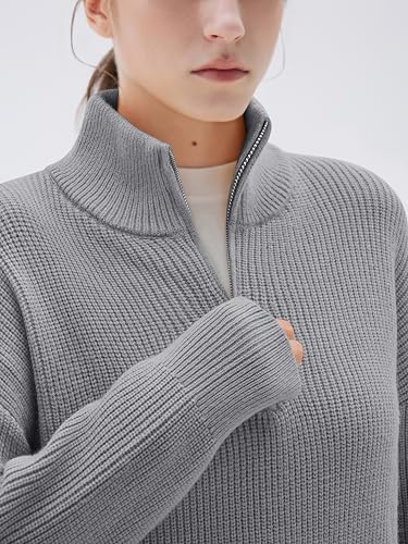 Image of SUUKSESS Women Cashmere Blend Oversized Quarter Zip Pullover Sweater Long Sleeve Collared Ribbed Knit Jumper Tops