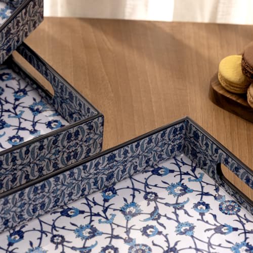 Image of DULI Set of 3 Wooden Serving Trays Premium MDF with Lacquered Water-Resistant Enamel Floral Print Decorative Multipurpose Trays for Kitchen, Dining & Gifting (16x10x2,14x8x2, 12x6x2 Inches)
