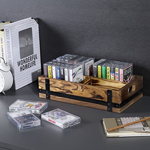 Mygift Rustic Burnt Wood Retro Audio Cassette Tape Storage Box With Matte Black Metal Bracket Accents #TOP1