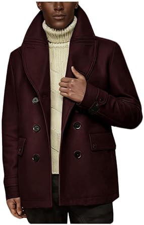 VENNYNG Mens Short Double-Breasted Warm Peacoat Thick Winter Overcoat with Wide Lapel for Casual Business City Cold Weather
