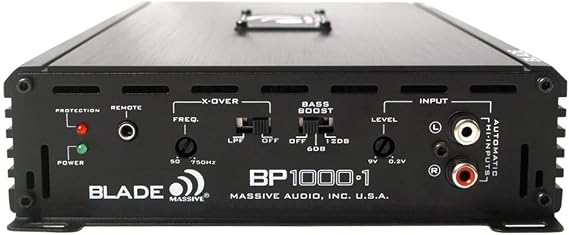 Massive Audio BP1000.1 V2 Blade Series. 1000 Watts, 2 Ohm Stable, Class A/B Monoblock Car Amplifier with Bass Boost.
