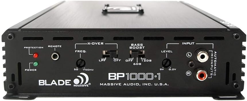Massive Audio BP1000.1 V2 Blade Series. 1000 Watts, 2 Ohm Stable, Class A/B Monoblock Car Amplifier with Bass Boost.