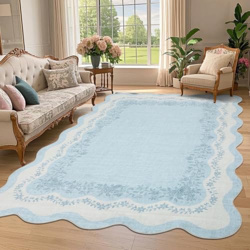 Image of FairyStyle Scalloped Floral Rug 120x170cm Non-Slip Washable Blue