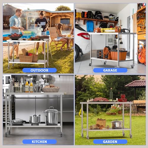 Image of Garvee Stainless Steel Table, 60 inch x 24 inch NSF 2 Tier Prep Table with Lockable Wheels & Adjustable Under Shelf, Heavy Duty Commercial Worktable for Restaurant, Home, Kitchen, Indoor, Outdoor
