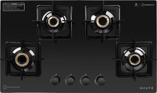 Haute Evoque series 4.0 Black 4 Burner Manual Stove | 8 MM Atom Glass | ISI certified |Door Step Service |10 Year Warranty by Haute Home