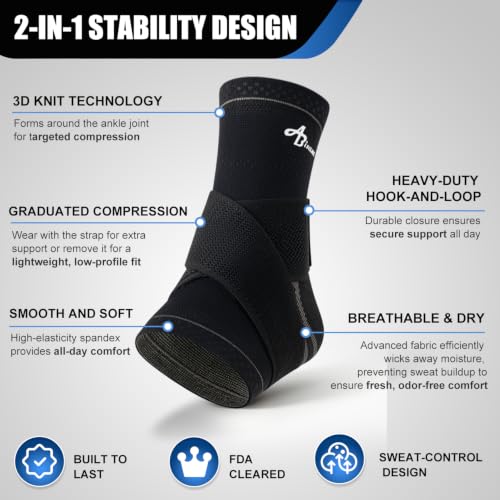 Image of ABIRAM Graphene Ankle Brace for Men & Women - Adjustable Compression Sleeve with Support Strap - Breathable Lightweight Ankle Support for Gym, Running, Basketball & Training