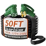 PlugSaf NEMA 14-50P/14-50R 50 FT 50 Amp RV/EV Extension Cord Outdoor with Grip Handle, 4 Prong Flexible Heavy Duty STW RV Power Cord Waterproof, 50A 125/250V 6250/12500W, Black-Green, ETL Listed