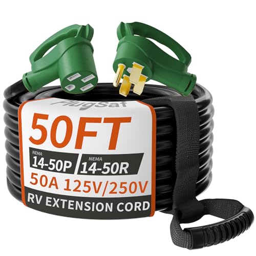 PlugSaf NEMA 14-50P/14-50R 50 FT 50 Amp RV/EV Extension Cord Outdoor with Grip Handle, 4 Prong Flexible Heavy Duty STW RV Power Cord Waterproof, 50A 125/250V 6250/12500W, Black-Green, ETL Listed