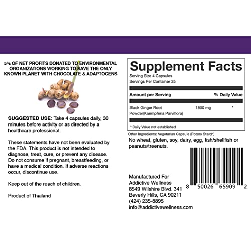 Addictive Wellness Thai Black Ginger For Men, Thai Black Ginger Supplement To Support Energy Metabolism, Endurance & Performance, Freeze Dried Black Ginger Capsules 450Mg, Vegan & Paleo, 100 Count #TOP1