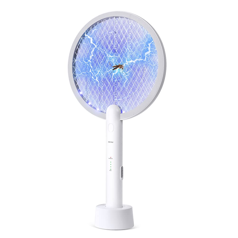 Flintronic Raquette Electrique Insectes, 3000V Raquette Anti Moustiques Électrique avec USB Base de Charge, 3 Couches Protection en Maille et Lumière de Nuit LED, Tapetteà Mouche Electrique