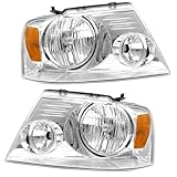 PetGirl 2004-2008 F150 Headlight Assembly for 2004 2005 2006 2007 2008 Ford F150 Pickup/ 2006 2007 2008 Lincoln Mark LT Clear Lens Chrome Housing with Amber Reflector Headlamp Replacement