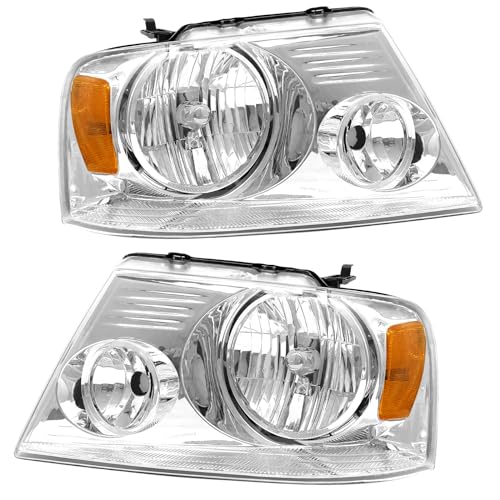 PetGirl 2004-2008 F150 Headlight Assembly for 2004 2005 2006 2007 2008 Ford F150 Pickup/ 2006 2007 2008 Lincoln Mark LT Clear Lens Chrome Housing with Amber Reflector Headlamp Replacement