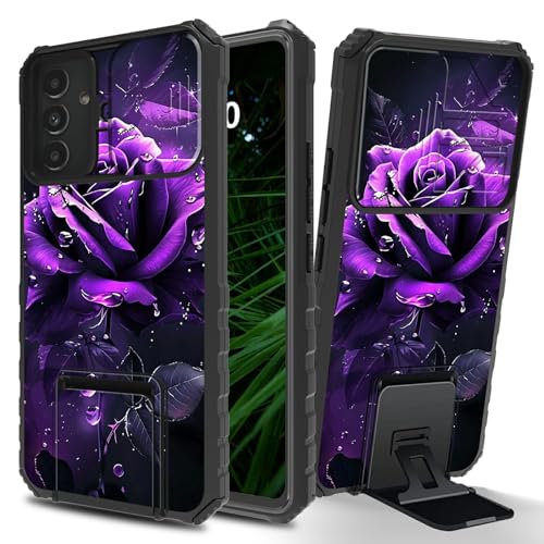 RWUTYTIUL Purple Rose for Samsung Galaxy A15 5G Phone Case with Sliding Camera Cover, Slim Kickstand Dual Layer Hard PC & Silicone Shockproof Protection Case for Galaxy A15 5G 6.5 Inch