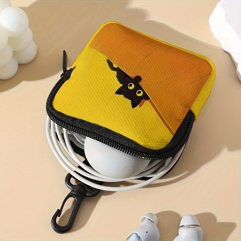 1pc Headphone Bag Multifunctional Artificial Leather Waterproof Zipper Storage With Hook, Printed Coin Purse For Travel Commuting, Yellow