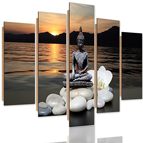 Feeby Frames, Décoration Murale, Tableau Multi Panneaux - 5 Parties - Image imprimée, Deco Panel, Type A, 100x70 cm, Bouddha, Pierres, Fleur, ORCHIDÉE, LAC, Coucher du Soleil, Eau, Montagnes, Gris