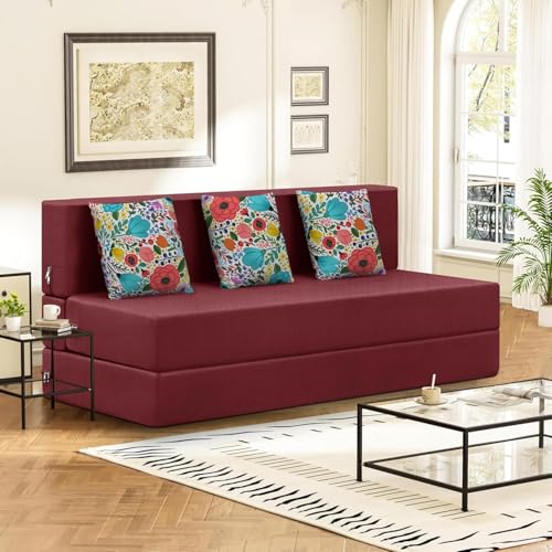 Image of Rosebell 3 Seater Foldable Sofa Cum Bed | 5x6 feet Jute Fabric with Washable Cover & 3 Printed Cushion | Multipurpose Sofa Bed for Living Room - Red Color
