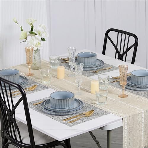 Image of E-far Stoneware Dinnerware Sets for 2, 6-Piece Plates and Bowls Sets, Chip & Scratch Resistant Ribbed Dish Set for Home Restaurant, Microwave & Dishwasher Safe, Dusty Blue