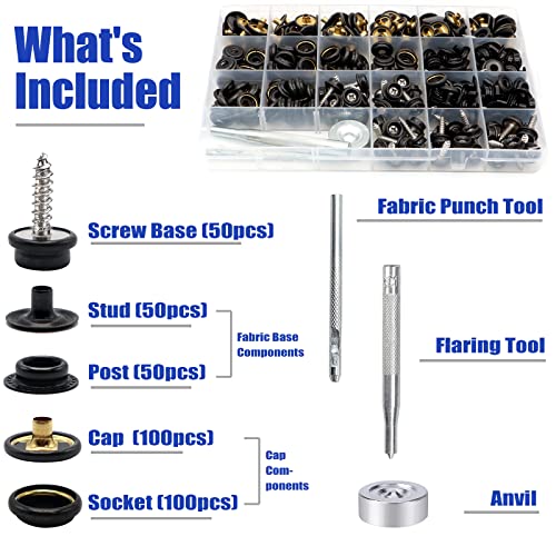 353 Pcs Boat Canvas Snap Kit, Zynery Marine Grade Stainless Steel Canvas Repair Kit, Snap Fasteners Kit For Boat Canvas Fabric Leather With Material Hole Punch/Setting Tools (Black) #TOP1