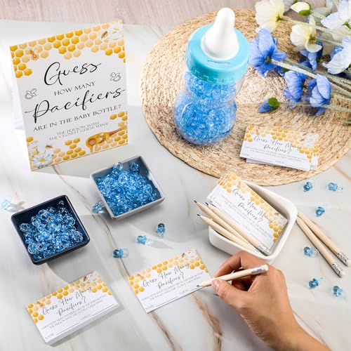 Image of Roowest 512 Pcs Baby Shower Games Guess How Many Pacifiers Sign 100 Small Guessing Games 10 HB Pencils 750ml Milk Bottle 400 Acrylic Pacifiers Decoration for Guest Gender Reveal(Blue,Bee)