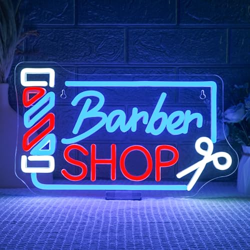 Insegna Barber Shop Open Neon: l'insegna a led (37 x 22 cm) è colorata e vivace. È perfetta per le vetrine e la decorazione dei negozi ed è un originale accessorio decorativo per il vostro salone di parrucchiere!