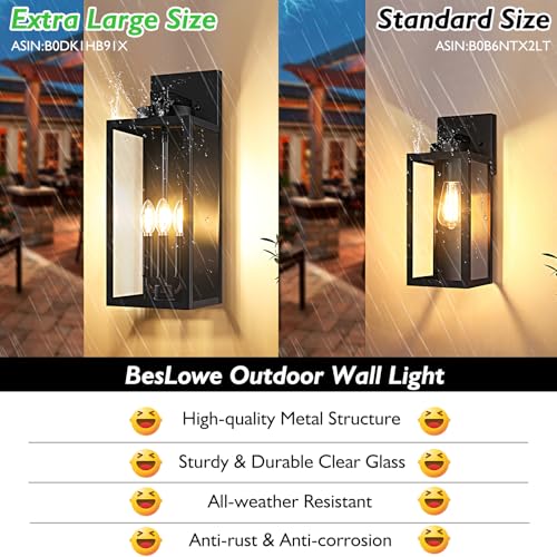 Image of BesLowe 19 inch Large Outdoor Wall Light, 3-Light Exterior Porch Sconce, Black | Waterproof, Rust-Resistant, Durable Metal with Clear Glass, Standard E12 Socket, Easy to Install