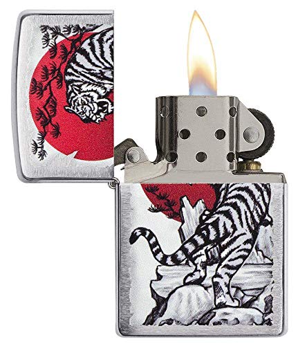 Miniatura 3 de Zippo Mechero resistente al viento, diseño de tigre japonés, cromo cepillado, imagen en color, recargable, uso de por vida, llama ajustable, caja de regalo, construcción de metal, fabricado en Estados