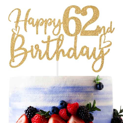 Gold Glitter Happy 62nd Birthday Cake Topper, Cheers to 62 Years/62 Years Loved & Blessed, Funny 62nd Birthday Party Decorations Supplies