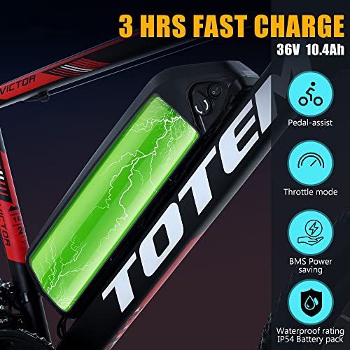 Totem Electric Bike for Adults 26”, Mountain Ebike 350W Motor, 20MPH Victor 2.0 with 36V 10.4Ah Removable Battery, E-MTB with Shimano 21 Speed Gears, Upgraded Adjustable stem, UL2849 Certified-Black - Thumbnail 4