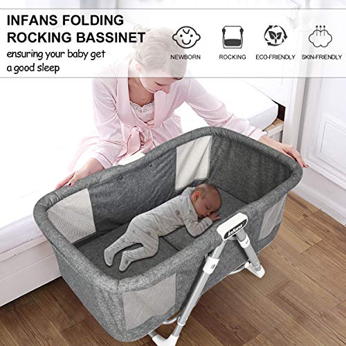 INFANS 2 in 1 Rocking Bassinet for Newborn Baby, One-Second Fold Travel Crib with Detachable & Thicken Mattress, Height Adjustable Legs, Mosquito Net, Cradle with Rock Mode & Stationary (Gray) - Thumbnail 3