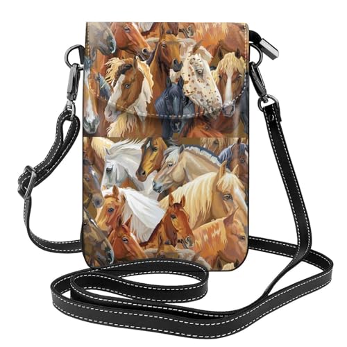 Pochette téléphone pour femmes avec fentes pour cartes et motif cheval aquarelle en cuir PU