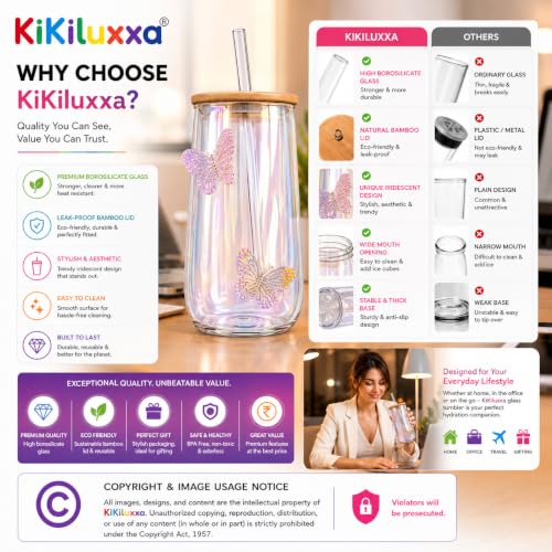 Image of KiKiluxxa 450ml Iridescent Glass Tumbler with Lid & Glass Straw | Premium Borosilicate Drinking Glass | Butterfly Design Cold Coffee Cup (Sage Glow Green)