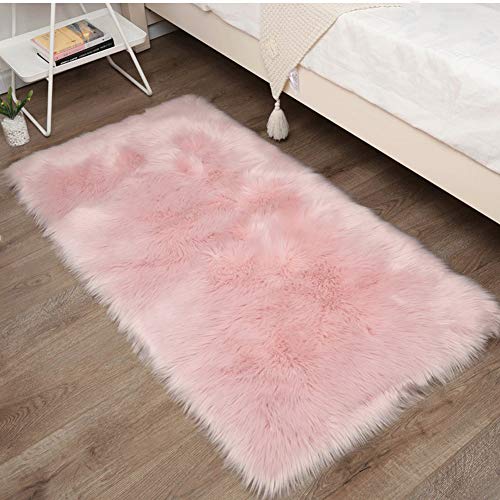 Fancytan Moderner Hochflor Teppich Wohnzimmer Shaggy, Faux Lammfell Schaffell Teppich, Langflor Teppich Weich für Schlafzimmer Sofa Matte, Rose, 60 x 180cm Cover