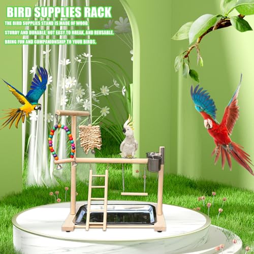 Image of Bird Stand, Natural Wood, Parrot Playground with Removable Tray & 2 Stainless Steel Feeder Cups, Suitable for Parakeet, Conure, Cockatiel, Lovebird, Canary, Lorikeet & African Grey