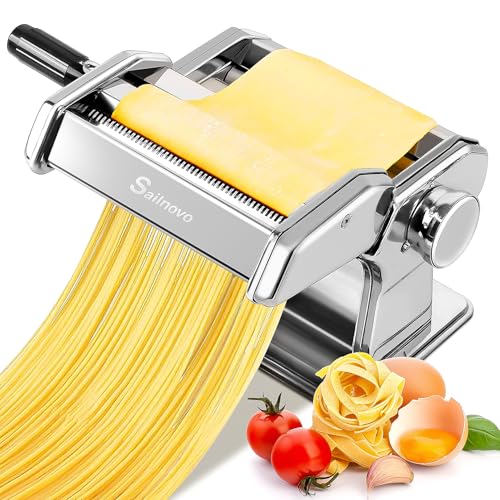 Sailnovo Pasta Machine Pasta Maker, 180 Aluminum Alloy Manual Pasta Roller with 9 Adjustable Thickness Settings and 2 Cutter, Perfect for Spaghetti, Fettuccini, Lasagna, or Dumpling Skins, Gift