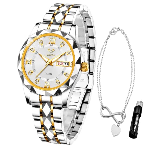 Image of Vetra Watches for Women Bracelet Set Ladies Watch Diamond Roman Numerals Square Dial Stainless Steel Band Day Date Luminous Waterproof Female Small Wrist Watches