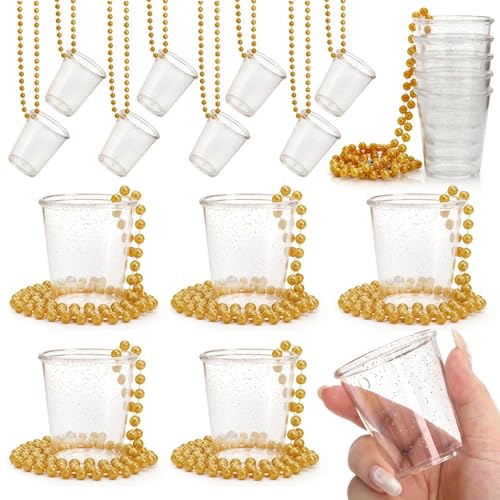 Cididu 24 Pack Shot Glass Necklaces Clear Gold Shot Cups on Beaded for Bachelorette Party Mini Plastic Reusable Adult Teens Party Favors Bulk for Wedding Graduation Birthday Tailgating Mardi Gras