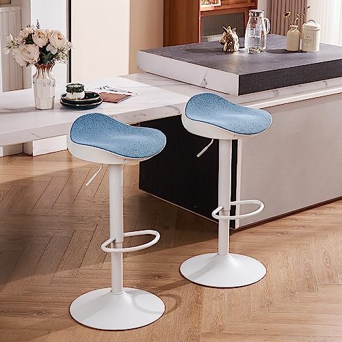 YOUNIKE Bar Stools Set of 2 Counter Height Barstools for Kitchen Island, 360° Swivel Bar Stools Adjustable Bar Chairs with White Sturdy Frame and Blue Tufted Velvet Seat