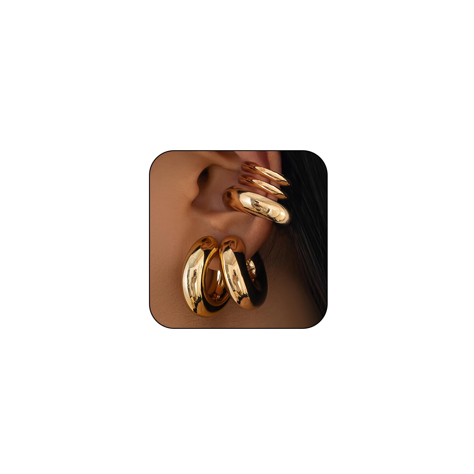 5Pcs Ear Cuff Earrings Statement Gold Round Huggie Hoop, Chunky Big Silver Clip On Non Piercing Cuff Earring for Women Charm Thick Trendy Party