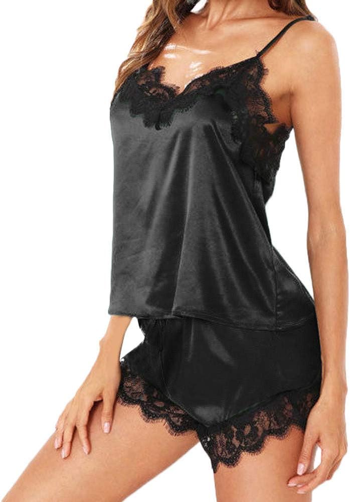 Womens Pyjama Set Shorts Sexy Lingerie Lace Babydoll Set Ladies V-Neck Sleepwear Sleeveless Strap Nightwear Satin Cami Top Pajama Sets Cotton Basic Plain Summer Pjs Set