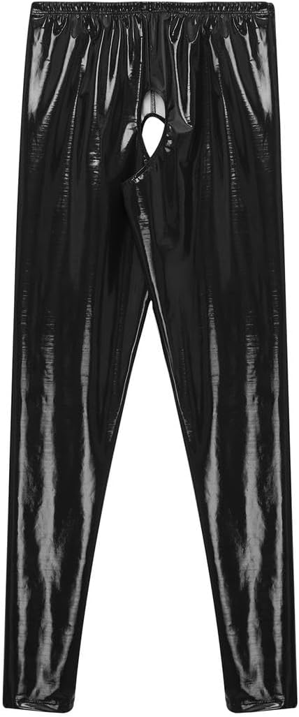 Women Glossy Leather Crotchless Pants Dance Elastic Waistband Leggings High Waist Long Pants Clubwear