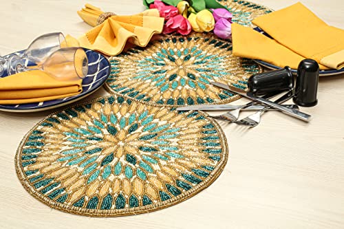 Handmade Beaded Table Runners Placemats, 13X36 Inches Teal Ivory Gold Multi, Halloween Harvest Autumn Fall Thanksgiving Holiday Christmas Xmas Celebration Festive Party Tabletop Décor Tablerunner #TOP2