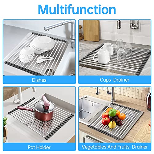 Aouao Roll Up Dish Drying Rack,Multipurpose Stainless Steel Over The Sink Drainer Rack,Kitchen Portable Dish Rack (Square) #TOP4