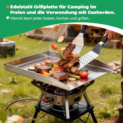 WELL GRILL 30x40CM Plancha Grillplatte mit Grillspachtel Schaber set, Massiv aus 4.2mm Universal BBQ Plancha Grill Grillplatte Edelstahl für die meisten Gasgrill und Holzkohlegrill 4