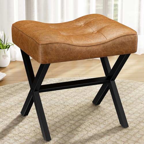 Image of Memobarco 18-Inch Large Leather Vanity Stool, Vanity Chair with Metal X-Leg, Ottoman Accent Stool with Thick Padded Saddle Seat, Brown