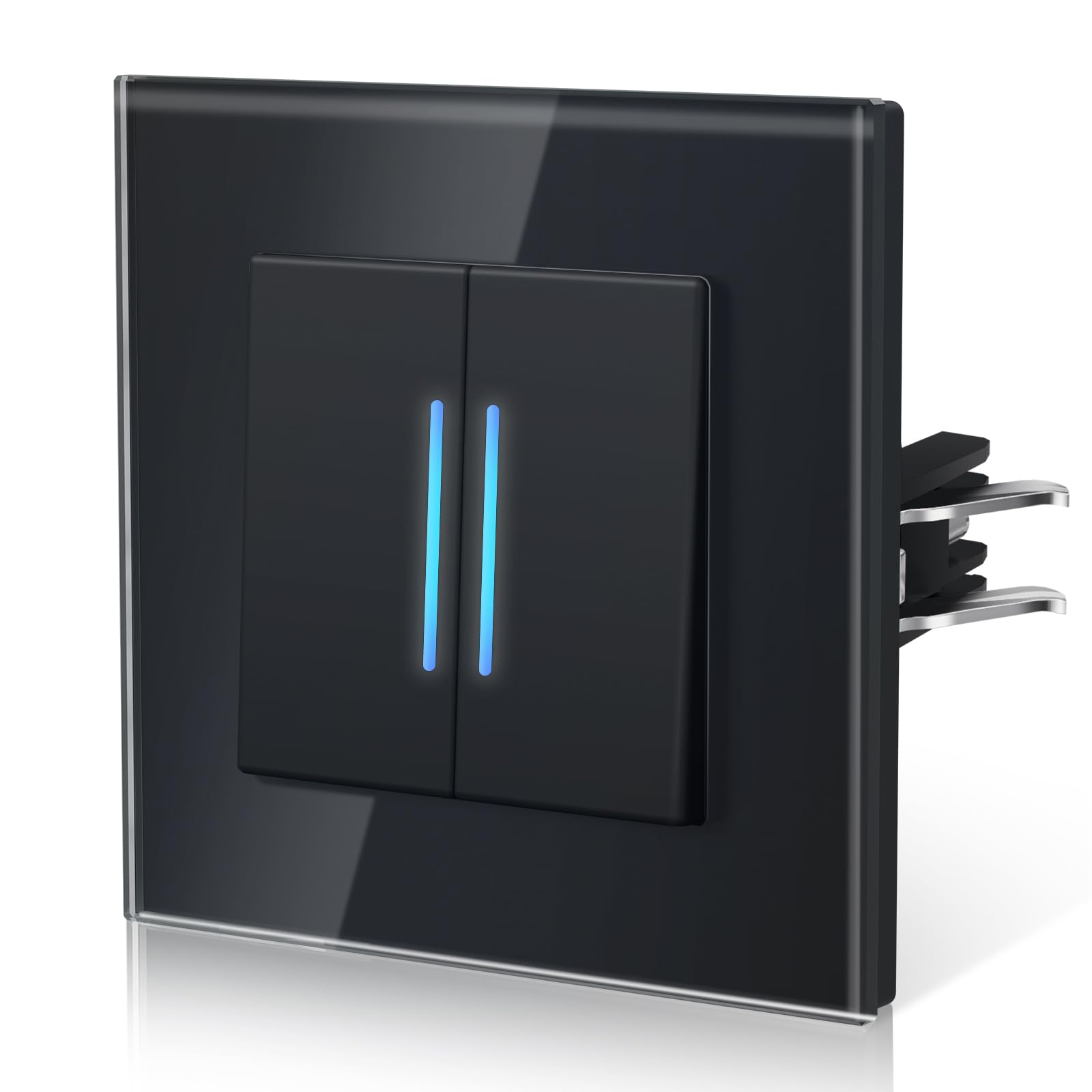 BSEED Lichtschalter aus Glas,Unterputz Schalter mit Krallen, Wechselschalter mit Hintergrundlicht, Einfach Montage, NEU E-Serie,2 Fach 1 Weg,86mm Schwarz
