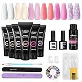 Phoenixy Kit Uñas de Gel 6 Colores 15ml Gel de Extensión de Uñas con Base y Top Coat Poli gel Kit Principiante Blanco Violeta Kit de Uñas para Principiantes